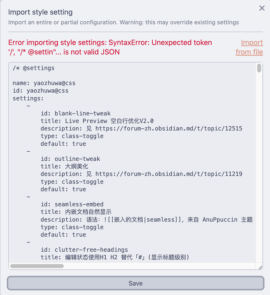  style settings css is not valid json 